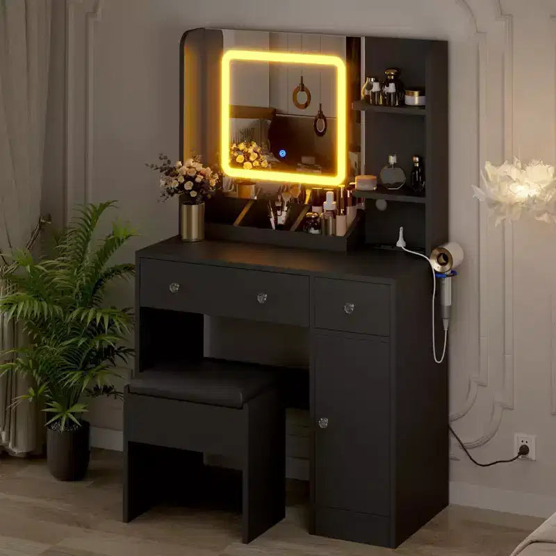 GustoWave Vanity Desk with Mirror, Makeup Desk with Lights in 3 Colors, Girls Vanity Table with Charging Station, 3 Drawers, 3 Storage Shelves