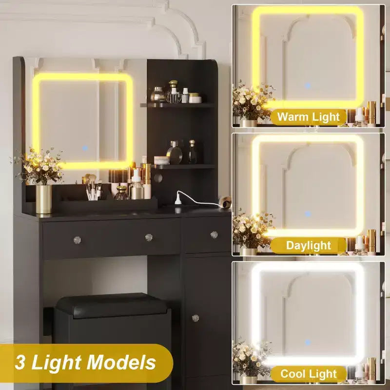 GustoWave Vanity Desk with Mirror, Makeup Desk with Lights in 3 Colors, Girls Vanity Table with Charging Station, 3 Drawers, 3 Storage Shelves