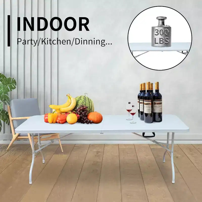 Plastic Folding Table, Portable Fold-In-Half Table with Iron Legs, Carrying Handle, Outdoor Rectangular Fold Out Table for Dining, Picnic, Party