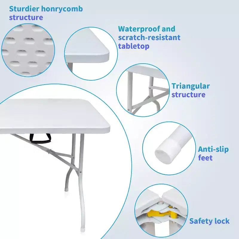 Plastic Folding Table, Portable Fold-In-Half Table with Iron Legs, Carrying Handle, Outdoor Rectangular Fold Out Table for Dining, Picnic, Party