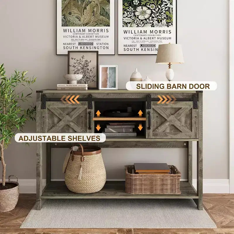 RoyalCraft Farmhouse Entryway Console Table with Storage Shelves, Sliding Barn Door and Spacious Tabletop for Living Room or Foyer, Light Grey