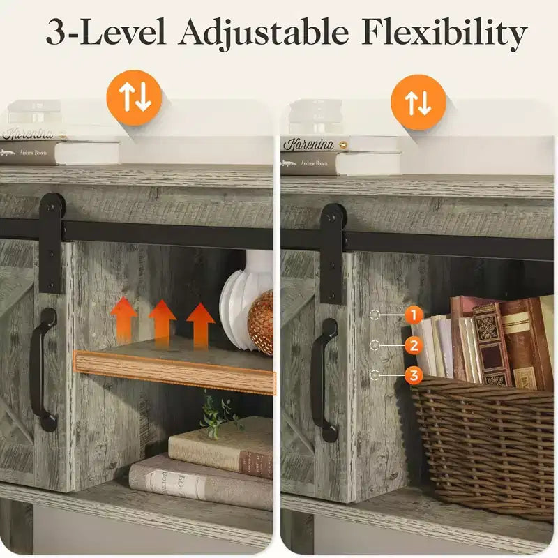 RoyalCraft Farmhouse Entryway Console Table with Storage Shelves, Sliding Barn Door and Spacious Tabletop for Living Room or Foyer, Light Grey