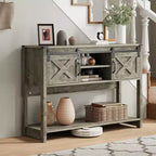 RoyalCraft Farmhouse Entryway Console Table with Storage Shelves, Sliding Barn Door and Spacious Tabletop for Living Room or Foyer, Light Grey