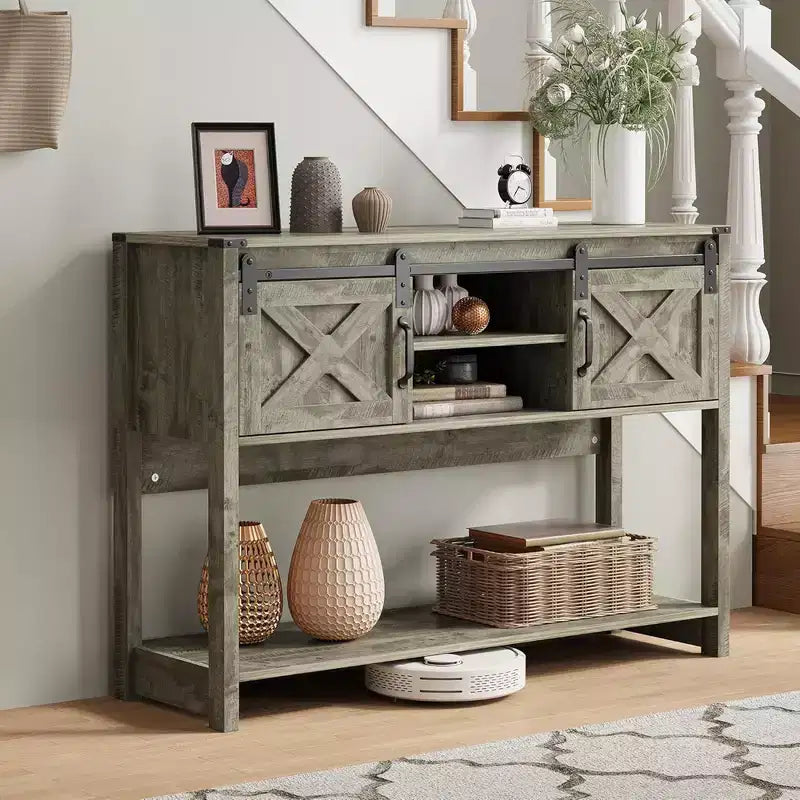 RoyalCraft Farmhouse Entryway Console Table with Storage Shelves, Sliding Barn Door and Spacious Tabletop for Living Room or Foyer, Light Grey