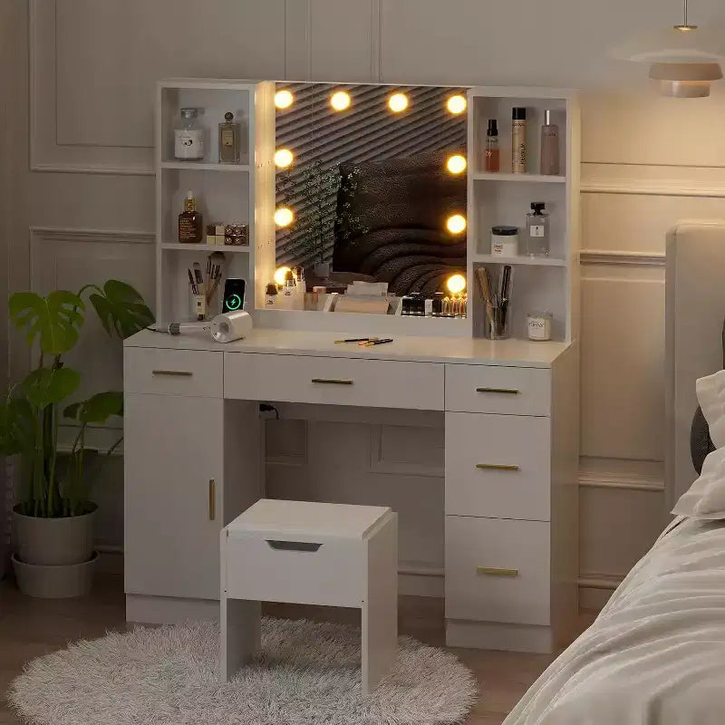 Toeletta con Specchio a LED, 5 Cassetti Scorrevole e 6 Ripiani Aperti, 3 Modalità di Illuminazione a Colori con Luminosità Regolabile, Tavolo da Trucco per Camera da Letto