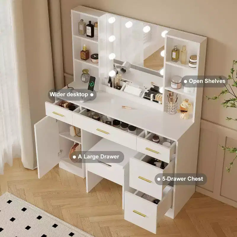 Toeletta con Specchio a LED, 5 Cassetti Scorrevole e 6 Ripiani Aperti, 3 Modalità di Illuminazione a Colori con Luminosità Regolabile, Tavolo da Trucco per Camera da Letto