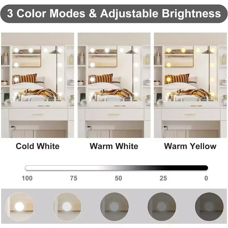 Toeletta con Specchio a LED, 5 Cassetti Scorrevole e 6 Ripiani Aperti, 3 Modalità di Illuminazione a Colori con Luminosità Regolabile, Tavolo da Trucco per Camera da Letto