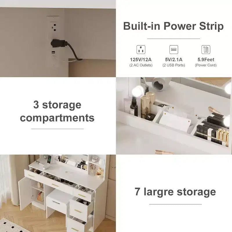 Toeletta con Specchio a LED, 5 Cassetti Scorrevole e 6 Ripiani Aperti, 3 Modalità di Illuminazione a Colori con Luminosità Regolabile, Tavolo da Trucco per Camera da Letto