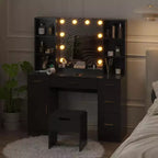 Toeletta con Specchio a LED, 5 Cassetti Scorrevole e 6 Ripiani Aperti, 3 Modalità di Illuminazione a Colori con Luminosità Regolabile, Tavolo da Trucco per Camera da Letto