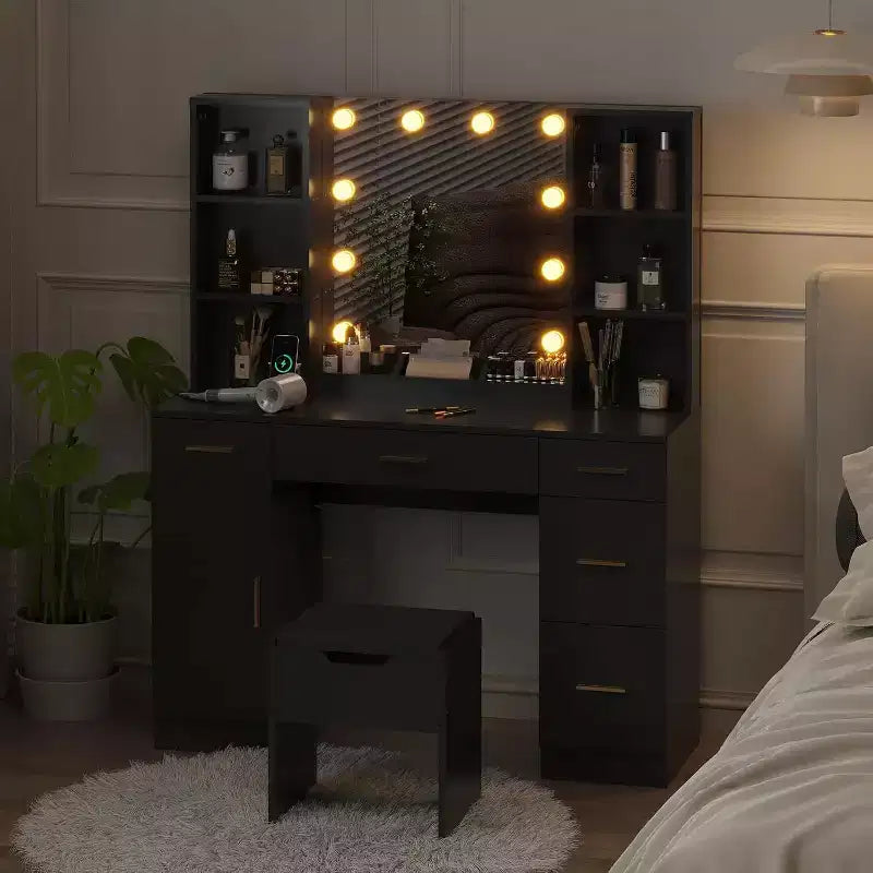 Toeletta con Specchio a LED, 5 Cassetti Scorrevole e 6 Ripiani Aperti, 3 Modalità di Illuminazione a Colori con Luminosità Regolabile, Tavolo da Trucco per Camera da Letto