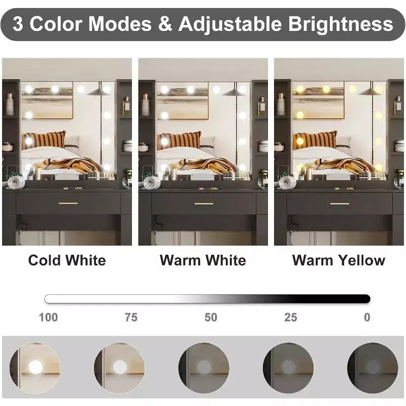 Toeletta con Specchio a LED, 5 Cassetti Scorrevole e 6 Ripiani Aperti, 3 Modalità di Illuminazione a Colori con Luminosità Regolabile, Tavolo da Trucco per Camera da Letto