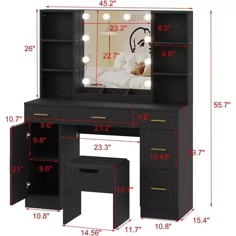 Toeletta con Specchio a LED, 5 Cassetti Scorrevole e 6 Ripiani Aperti, 3 Modalità di Illuminazione a Colori con Luminosità Regolabile, Tavolo da Trucco per Camera da Letto