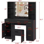 Toeletta con Specchio a LED, 5 Cassetti Scorrevole e 6 Ripiani Aperti, 3 Modalità di Illuminazione a Colori con Luminosità Regolabile, Tavolo da Trucco per Camera da Letto