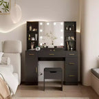 Toeletta con Specchio a LED, 5 Cassetti Scorrevole e 6 Ripiani Aperti, 3 Modalità di Illuminazione a Colori con Luminosità Regolabile, Tavolo da Trucco per Camera da Letto