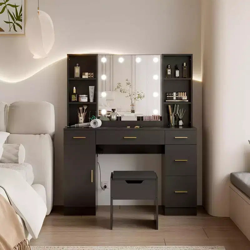 Toeletta con Specchio a LED, 5 Cassetti Scorrevole e 6 Ripiani Aperti, 3 Modalità di Illuminazione a Colori con Luminosità Regolabile, Tavolo da Trucco per Camera da Letto