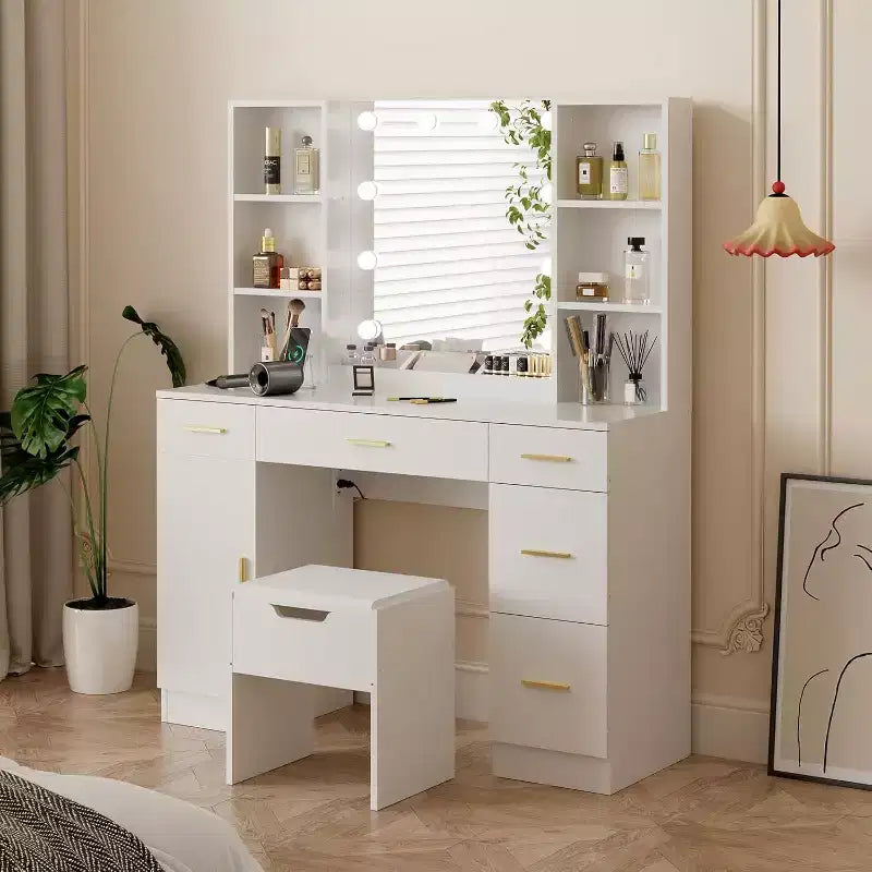 Toeletta con Specchio a LED, 5 Cassetti Scorrevole e 6 Ripiani Aperti, 3 Modalità di Illuminazione a Colori con Luminosità Regolabile, Tavolo da Trucco per Camera da Letto