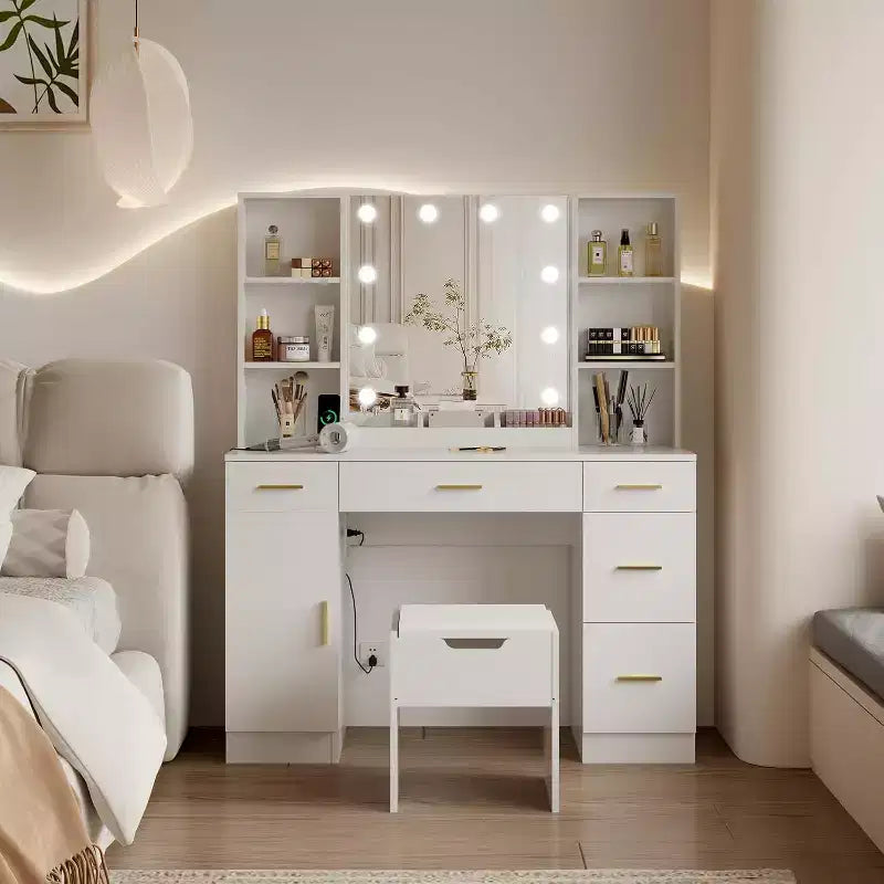Vanity Desk with LED Mirror, 5 Sliding Drawers & 6 Open Shelves, 3 Color Lighting Modes with Adjustable Brightness, Dressing Table for Bedroom