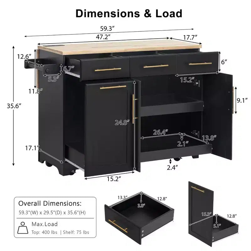 Whisen 59.3 Kitchen Island, 2 Pull-Out Organizers, Drop Leaf, Trash Storage & Spice Racks