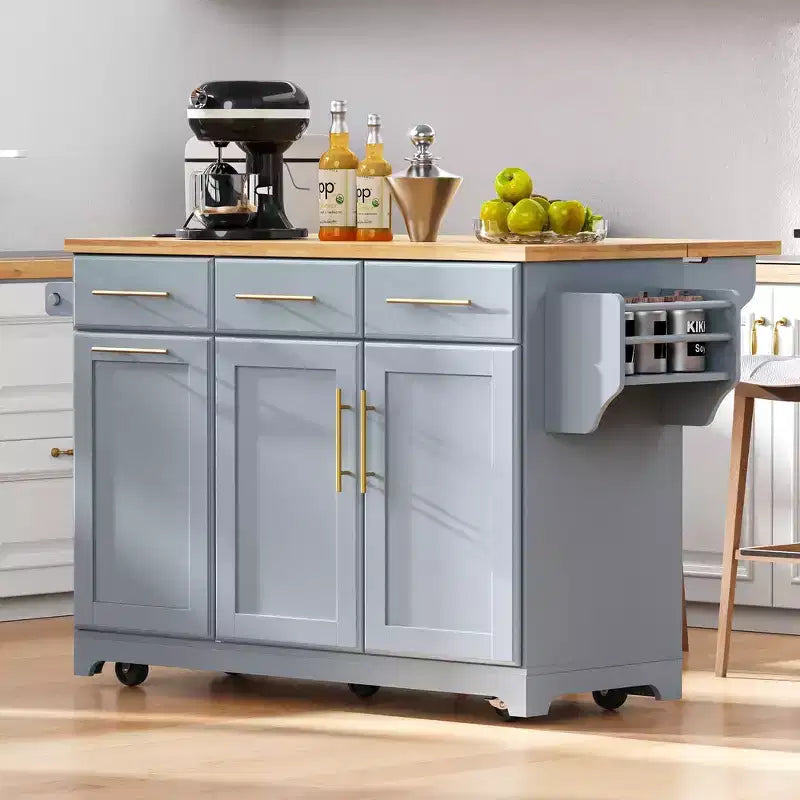 Whisen 59.3 Kitchen Island, 2 Pull-Out Organizers, Drop Leaf, Trash Storage & Spice Racks
