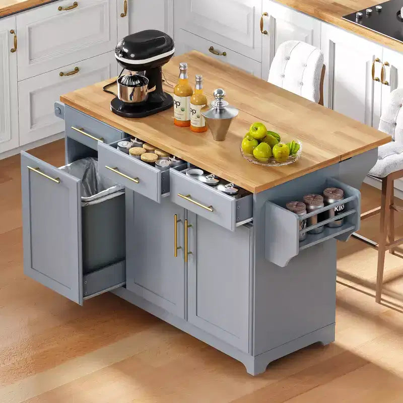 Whisen 59.3 Kitchen Island, 2 Pull-Out Organizers, Drop Leaf, Trash Storage & Spice Racks