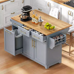 Whisen 59.3 Kitchen Island, 2 Pull-Out Organizers, Drop Leaf, Trash Storage & Spice Racks