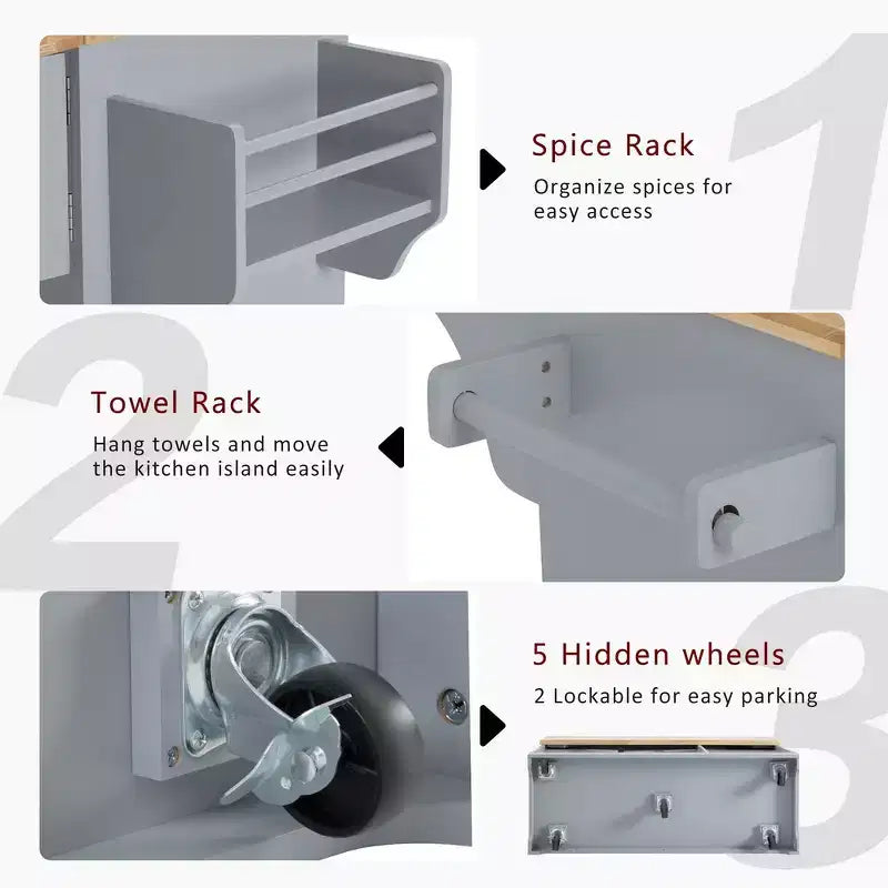 Whisen 59.3 Kitchen Island, 2 Pull-Out Organizers, Drop Leaf, Trash Storage & Spice Racks