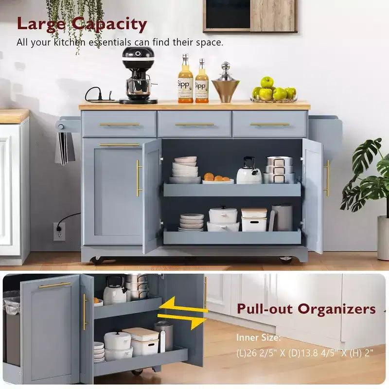 Whisen 59.3 Kitchen Island, 2 Pull-Out Organizers, Drop Leaf, Trash Storage & Spice Racks