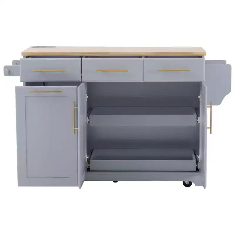 Whisen 59.3 Kitchen Island, 2 Pull-Out Organizers, Drop Leaf, Trash Storage & Spice Racks
