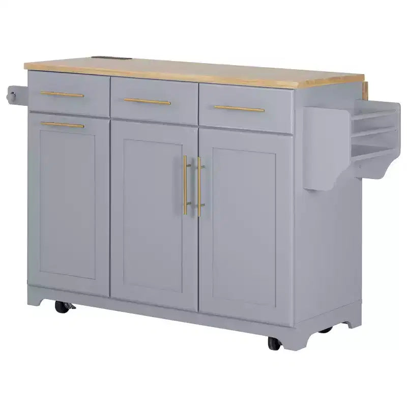 Whisen 59.3 Kitchen Island, 2 Pull-Out Organizers, Drop Leaf, Trash Storage & Spice Racks