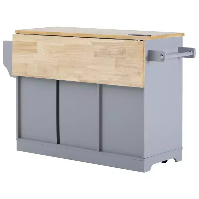 Whisen 59.3 Kitchen Island, 2 Pull-Out Organizers, Drop Leaf, Trash Storage & Spice Racks