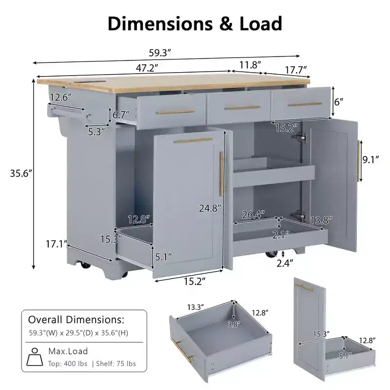 Whisen 59.3 Kitchen Island, 2 Pull-Out Organizers, Drop Leaf, Trash Storage & Spice Racks
