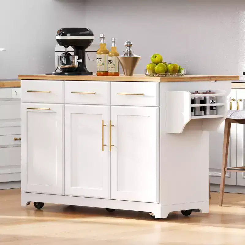 Whisen 59.3 Kitchen Island, 2 Pull-Out Organizers, Drop Leaf, Trash Storage & Spice Racks