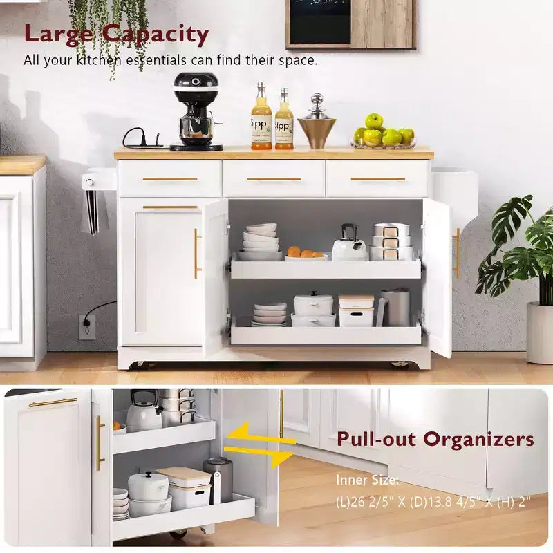 Whisen 59.3 Kitchen Island, 2 Pull-Out Organizers, Drop Leaf, Trash Storage & Spice Racks