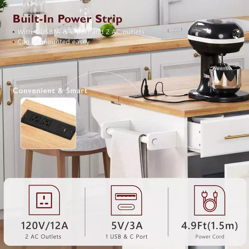 Whisen 59.3 Kitchen Island, 2 Pull-Out Organizers, Drop Leaf, Trash Storage & Spice Racks