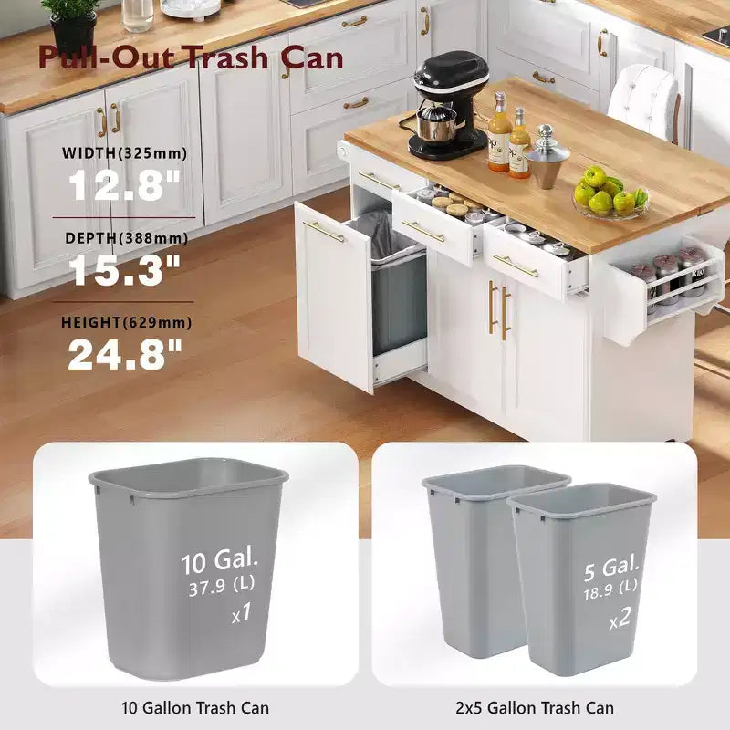 Whisen 59.3 Kitchen Island, 2 Pull-Out Organizers, Drop Leaf, Trash Storage & Spice Racks