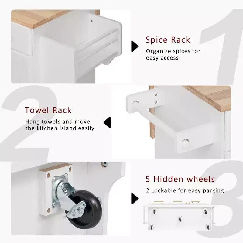 Whisen 59.3 Kitchen Island, 2 Pull-Out Organizers, Drop Leaf, Trash Storage & Spice Racks