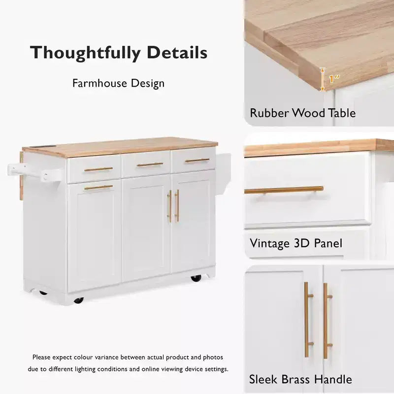 Whisen 59.3 Kitchen Island, 2 Pull-Out Organizers, Drop Leaf, Trash Storage & Spice Racks