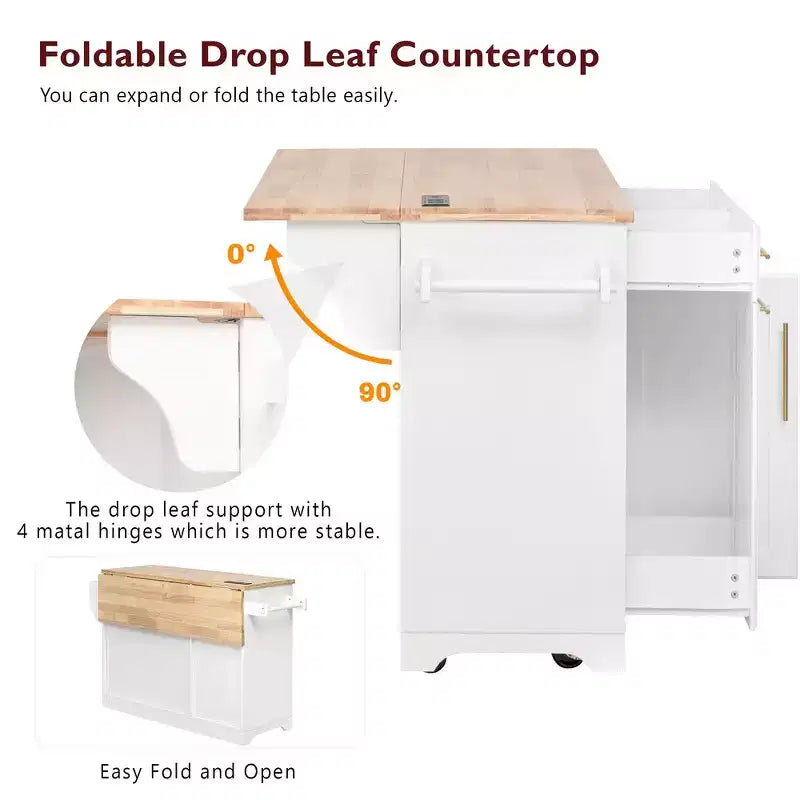 Whisen 59.3 Kitchen Island, 2 Pull-Out Organizers, Drop Leaf, Trash Storage & Spice Racks