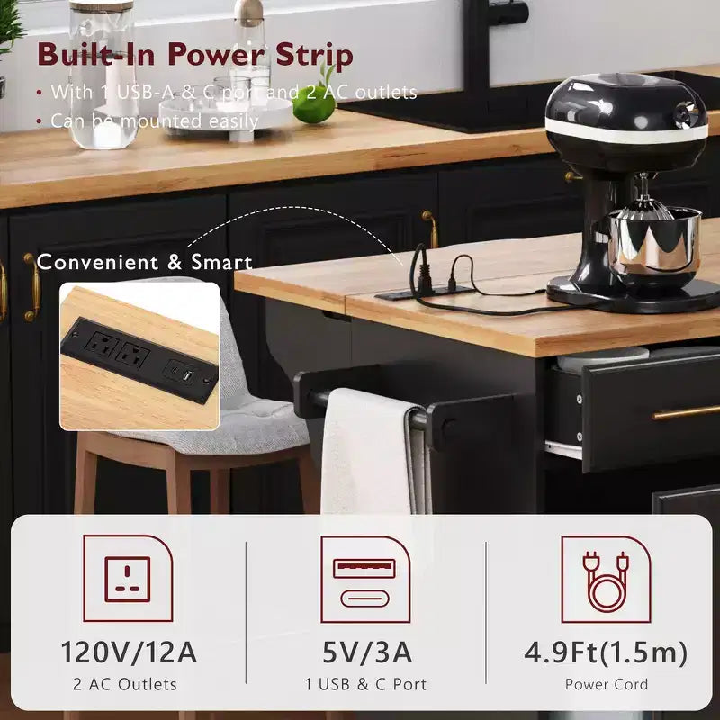 Whisen 59.3 Kitchen Island, 2 Pull-Out Organizers, Drop Leaf, Trash Storage & Spice Racks