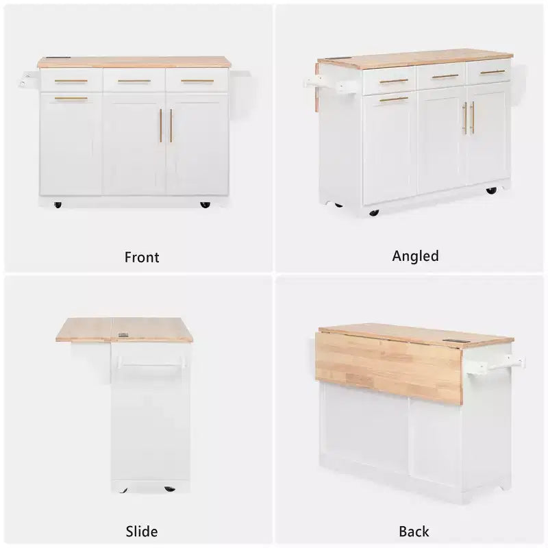 Whisen 59.3 Kitchen Island, 2 Pull-Out Organizers, Drop Leaf, Trash Storage & Spice Racks