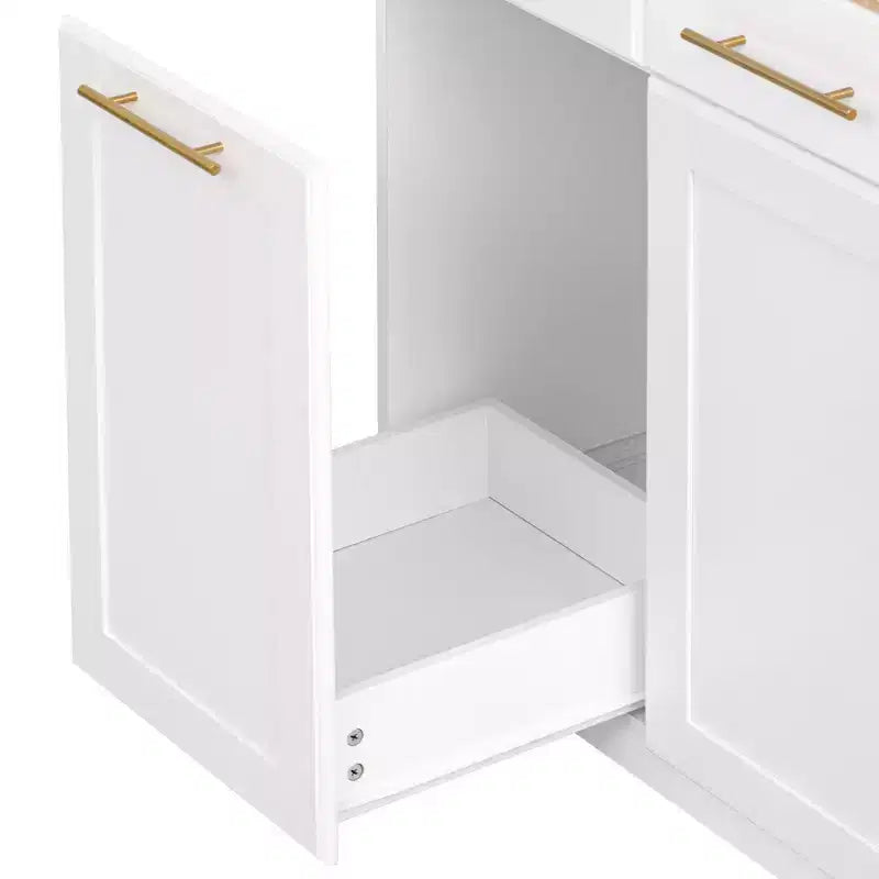 Whisen 59.3 Kitchen Island, 2 Pull-Out Organizers, Drop Leaf, Trash Storage & Spice Racks