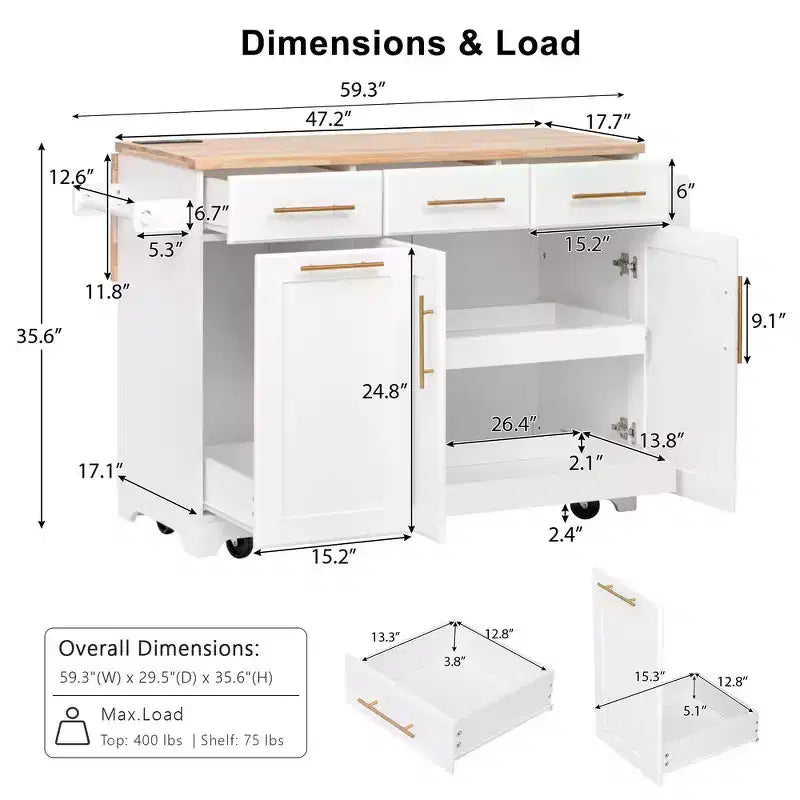 Whisen 59.3 Kitchen Island, 2 Pull-Out Organizers, Drop Leaf, Trash Storage & Spice Racks