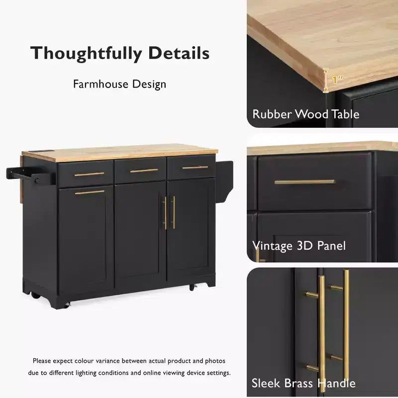Whisen 59.3 Kitchen Island, 2 Pull-Out Organizers, Drop Leaf, Trash Storage & Spice Racks