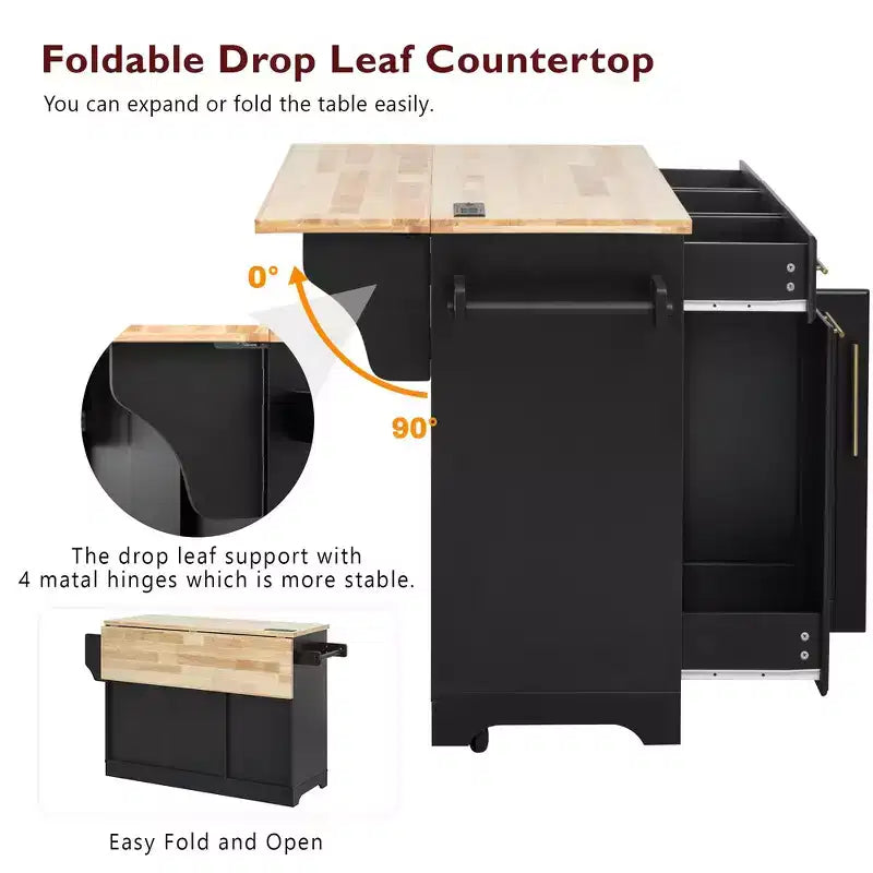 Whisen 59.3 Kitchen Island, 2 Pull-Out Organizers, Drop Leaf, Trash Storage & Spice Racks