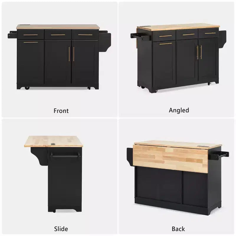 Whisen 59.3 Kitchen Island, 2 Pull-Out Organizers, Drop Leaf, Trash Storage & Spice Racks