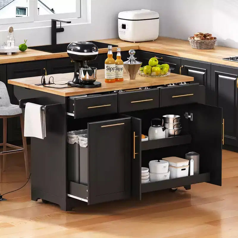 Whisen 59.3 Kitchen Island, 2 Pull-Out Organizers, Drop Leaf, Trash Storage & Spice Racks