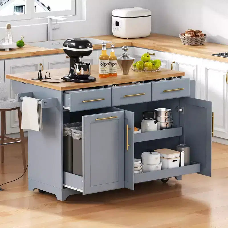 Whisen 59.3 Kitchen Island, 2 Pull-Out Organizers, Drop Leaf, Trash Storage & Spice Racks
