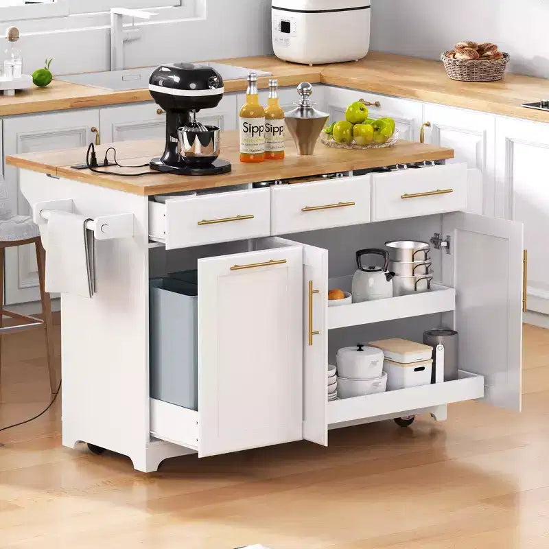 Whisen 59.3 Kitchen Island, 2 Pull-Out Organizers, Drop Leaf, Trash Storage & Spice Racks