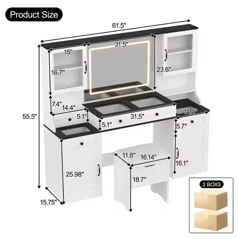 Whisen Farmhouse Makeup Vanity Table with LED Touch Mirror, Cushioned Storage Stool, Glass Top, Charging Station and Ample Storage Space - White