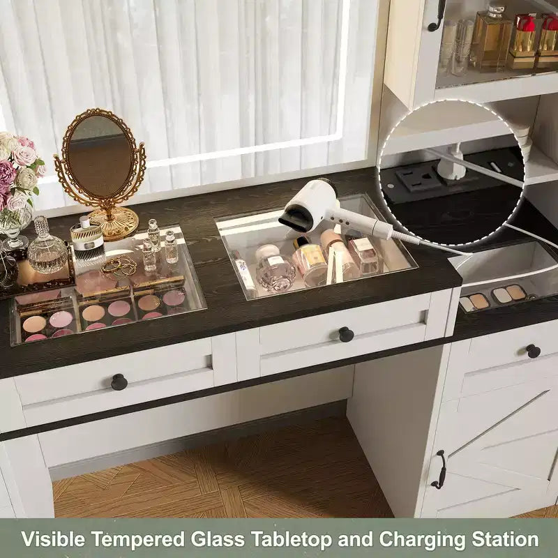 Whisen Farmhouse Makeup Vanity Table with LED Touch Mirror, Cushioned Storage Stool, Glass Top, Charging Station and Ample Storage Space - White